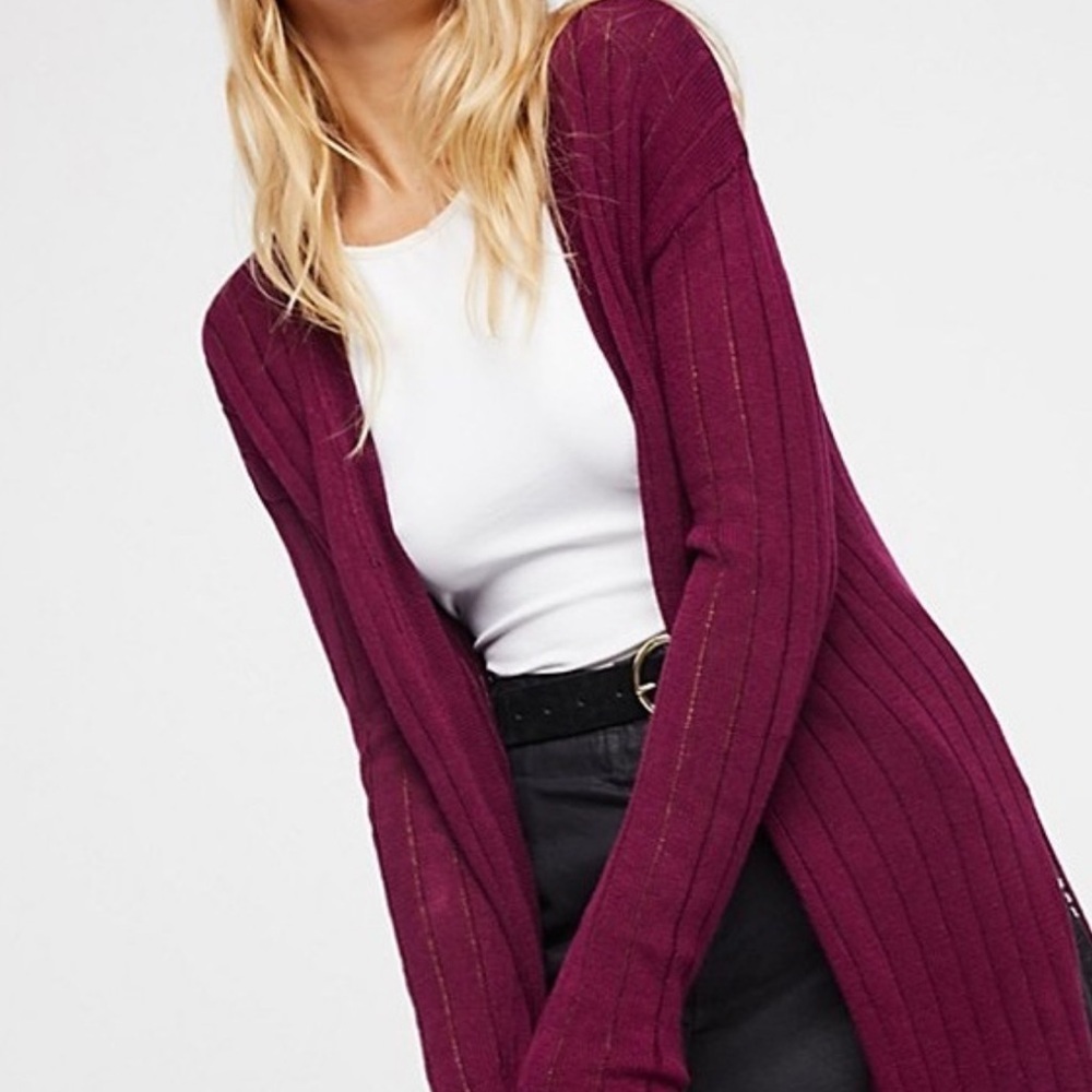 FREE PEOPLE FP Ribby Rib Maxi Cardigan Duster Sweater Plum Size XS Casual‎ Layer